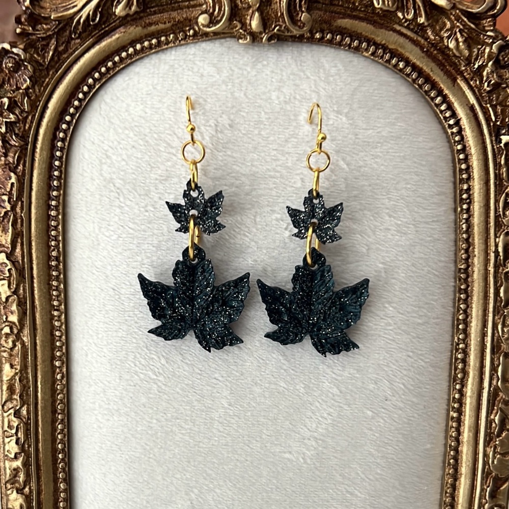 Elegant Navy Blue Maple Leaf Earrings